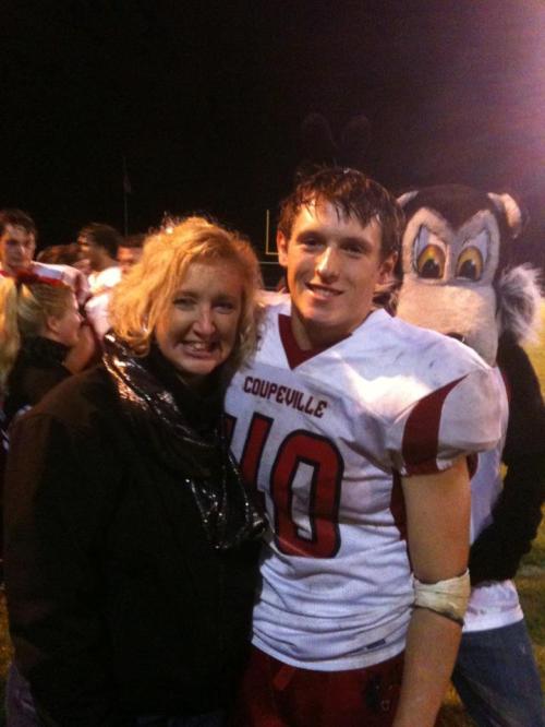 Sylvia and Brett Arnold celebrate after Coupeville's epic win over South Whidbey this season. (Sherry Roberts photo)