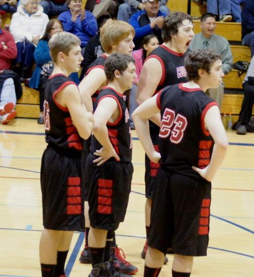 Nick Streubel (back row, far right) lays down the law: "I am the destroyer of worlds! I will swallow your puny shot attempts and devour you very soul!!" (Shelli Trumbull photo)