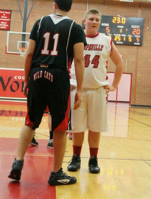Carson Risner (44) worked out some pent-up energy, nearly fouling out in just a quarter of play. (Shelli Trumbull photo)