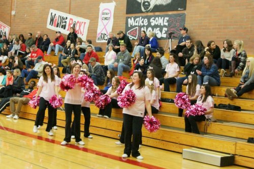 The Wolf cheerleaders did their best at halftime to lift the crowd's mood, asking for and getting large-spread support from the student section.