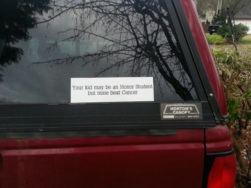 The bumper sticker displayed by Karissa Bragg's father. 