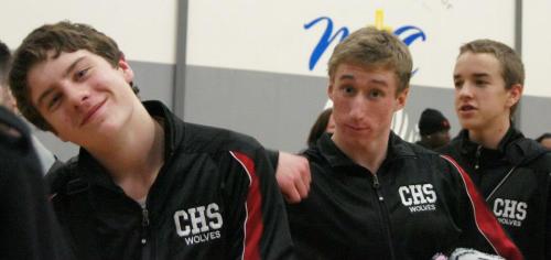 Wiley Hesselgrave (left) has a moment with temmates Josiah Campbell (center) and Joel Walstad. (Shelli Trumbull photos)