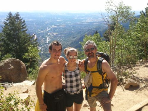Etzell, big brother Ben and dad Mike during a hike.Manitou Incline near Colorado Springs. The incline averaged almost a 40% grade-gaining 2,011 feet in elevation over a length of approximately 1 mile-with the maximum grade being 68%!!