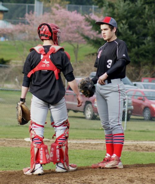 Wolf hurler Ben Etzell and catcher Jake Tumblin have a chat.