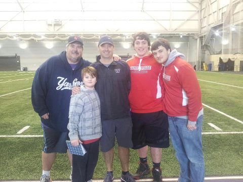 Left to right, Tony Maggio, Sawyer Maggio, UW head coach Steve Sarkisian, Streubel and Anthony Maggio. (Nanette Streubel photo)