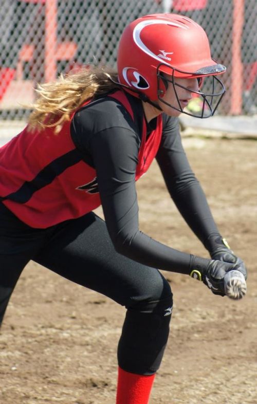 Maria Rockwell, laying down a bunt, has been a threat with her bat and pitching arm.