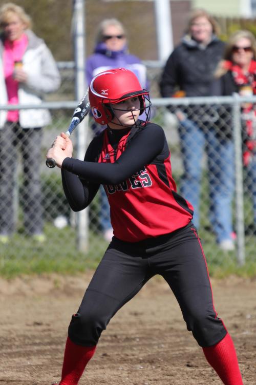 Madeline Strasburg, seen here in an earlier game, knocked in three runs Monday. (John Fisken photo)