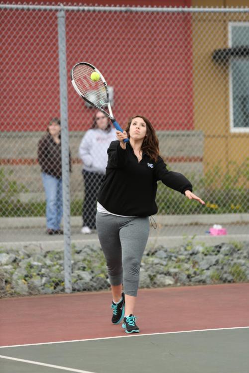 Breanna Koym, seen here in an earlier season match, played second varsity doubles Tuesday.