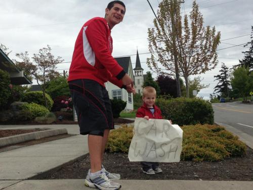 Wolf lineman Oscar Liquidano works the street alongside Coach V's son.