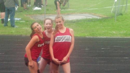 Photographic proof that more than five CMS girls were in uniform at Wednesday's meet. Here we see, l to r, Lauren Bayne, Jillian Pape and Kyla Briscoe. Where are Bayne and Briscoe's stats? 