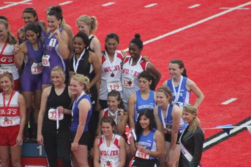 The 4 x 200 squad on the victory stand. (Kristin Hurlburt photos)