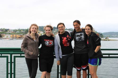 Amazingly cheerful for a 6:30 AM ferry, it's (l to r) Kacie Kiel, Amanda Fabrizi, Miranda Engle, Makana Stone and (a pre-bite) Wynter Thorne. (Amy King photos)