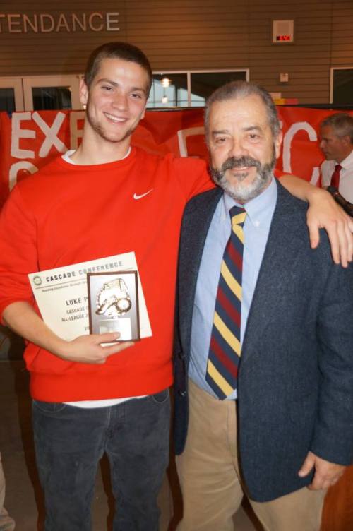 Paul Mendes and one of his last captains, Luke Pelant. (Photo courtesy Coupeville Booster Club)