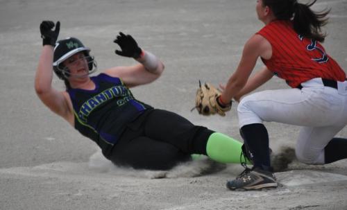 Hailey Hammer hits the dirt and beats the throw...