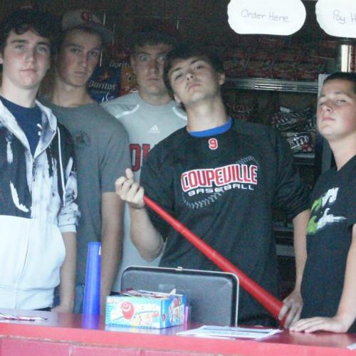 The usual suspects (l to r) Aaron Trumbull, Brendan Coleman, Aaron Curtin, Brian Norris (with vuvuzela) and Kyle Bodamer. (Shelli Trumbull photo)