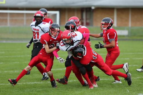 A pack of Wolves brings down a Redskin runner.