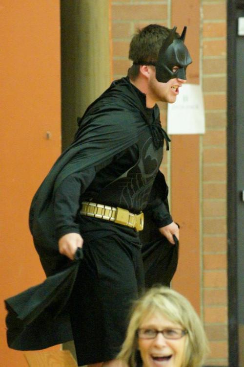 "I'm Batman!!" -- Jason Knoll patrols the stands. (ST)
