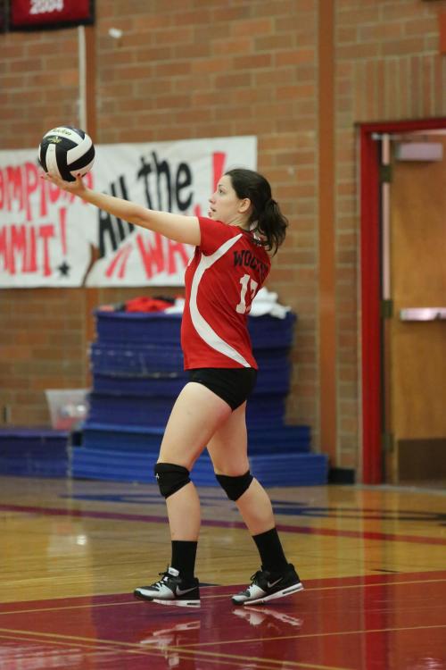 Megan Oakes, here serving in an earlier season match, played inspired volleyball Thursday. (John Fisken photo)