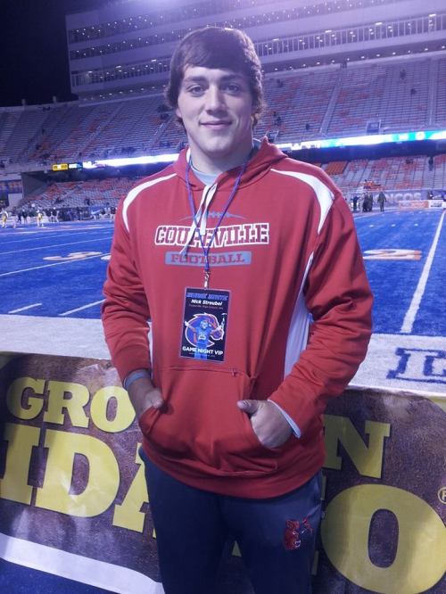 Nick Streubel and the blue turf at Boise State. (Nanette Streubel photo)