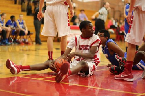 Dante Mitchell checks to make sure all his body parts are still attached after being fouled.