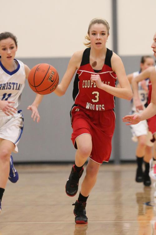 Kacie Kiel charges up court in a game last season. (John Fisken photos)