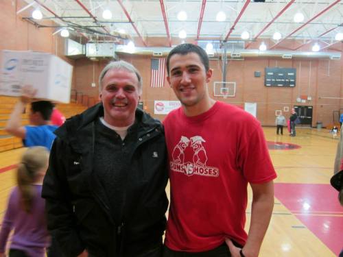 Brad Sherman (right) prepped for the Roundball Classic by helping his team win the recent Guns vs. Hoses b-ball event. (Sherry Roberts photo)