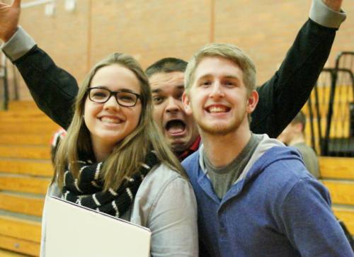 Former Wolf basketball star Bessie Walstad (left) and boyfriend Josh Wilsey are joined by a very happy Shawn Walstad.