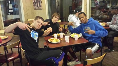 Anthony Bergeron (right), joining Wiley Hesselgrave (left) and Beauman Davis at a team dinner. (Shelli Trumbull photo)