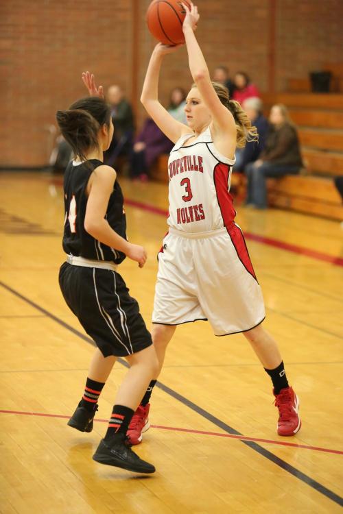Lauren Grove looks to pass over the top of the defense.