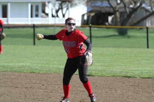 Emily Coulter, seen here in an earlier game, had the most entertaining moment of the afternoon, doing an interpretive dance after being beaned. (John Fisken photo)