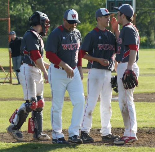 WOlves (l to r) Tumblin, Willie Smith, CJ Smith and Ben Etzell, confer on the mound.