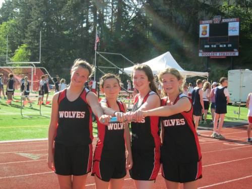 The lightning fast 7th grade 4 x 100 relay unit is (l to r) Roberts, Kalia Littlejohn, Ashlie Shank and Reed Richards.