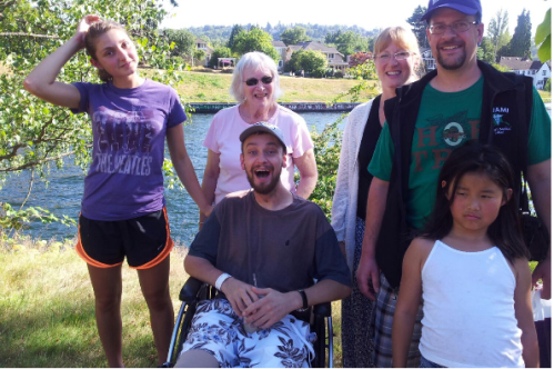 Gabe Kennedy (center) during a recent visit from family and friends. (Photos from Solea Kennedy's GoFundMe page)