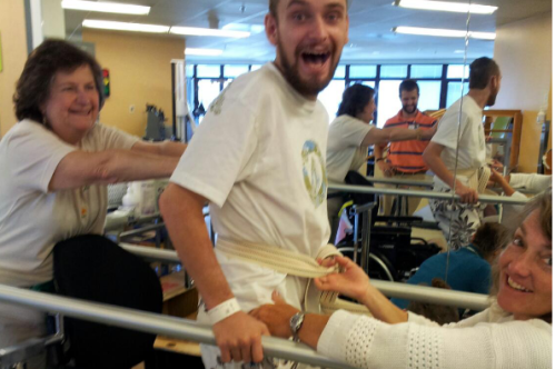 Kennedy takes his first step on his prosthetic leg.