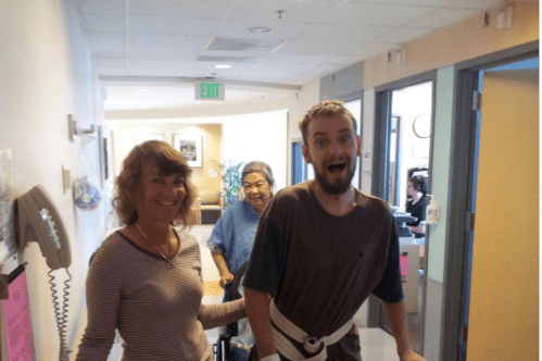 Kennedy begins the process of learning to walk with his prosthetic leg.