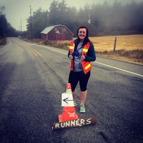 Race marshal Hailey Hammer braves the early morning fog.
