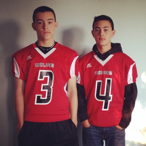 Brothers CJ (left) and Hunter Smith get their game face on in the hours leading up to their first football game at CHS. (Charlotte Smith photo)
