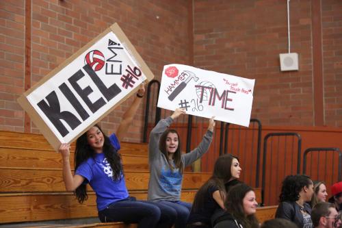Makana Stone (left) and Mattea Miller are big fans of spiker Kacie Kiel.