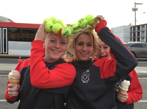 Player(s) of the Match Sage Renninger (left) and Wynter Thorne (plus photo bomber McKenzie Bailey, on right) celebrate. (Ken Stange photo)