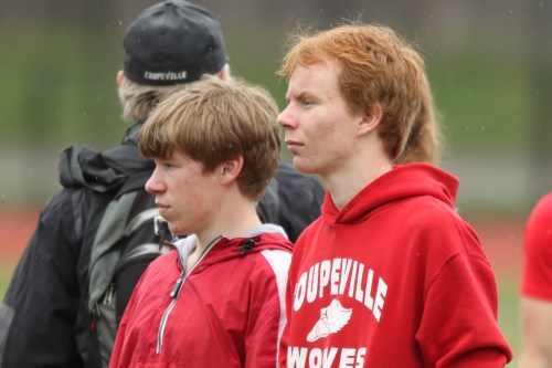 Smith and Jesse Hester (right) wait for their events.