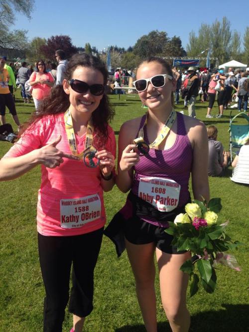Wolf track star Abby Parker (right) ran in the half marathon, then hung out with aunt Kathy O' Brien.
