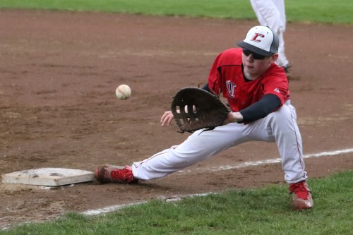 Ben Olson pulls in a throw at first.