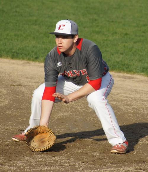 Wolf first baseman Aaron Trumbull is in lock-down mode. (Shelli Trumbull photos)