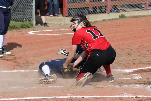 and you're out, ma'am! Katrina McGranahan with the force-out at home. (John Fisken photos)