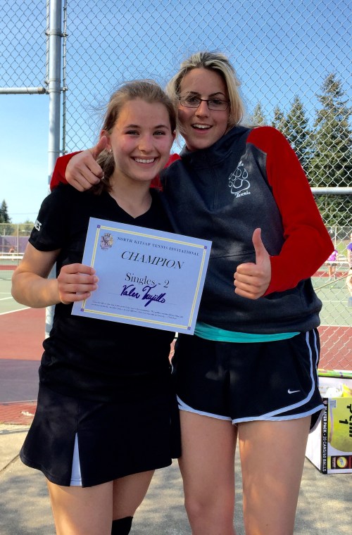 Friendly rivals Valen Trujillo (left) and Wynter Thorne celebrate post-tourney.