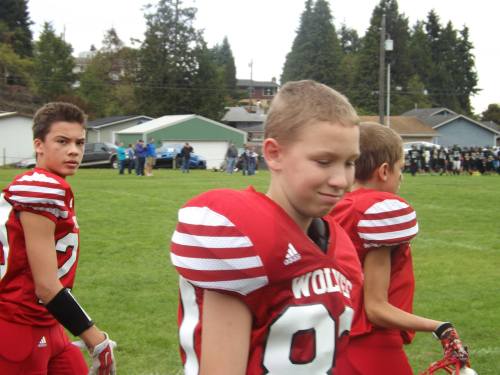 Sean Toomey-Stout (far left) was a rampaging force of nature on both sides of the ball Wednesday afternoon. (Deb Smith photo)