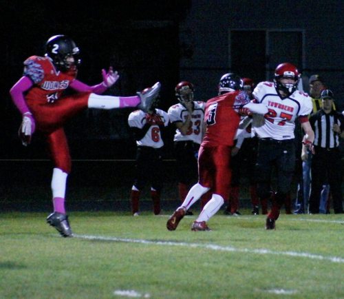 Clay Reilly lets rip with a punt Friday night. (Shelli Trumbull photo)