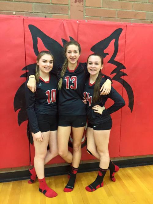 Wolf freshmen (l to r) Maddy Hilkey, Emma Smith and Ashley Menges bask in a win. (Jennifer Menges photos)