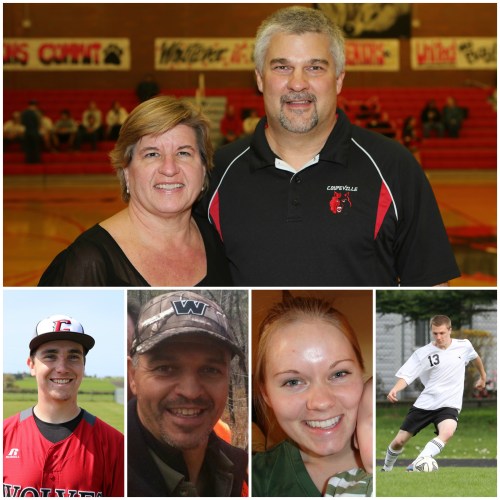 David and Amy King (top) are joined by fellow Hall o' Fame inductees (l to r) Aaron Trumbull, Mike Engle, Amy (Mouw) Fasolo and Beauman Davis.