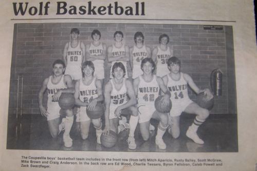 Coupeville High School's '84 boys' basketball squad. (Photo courtesy Moose Moran)